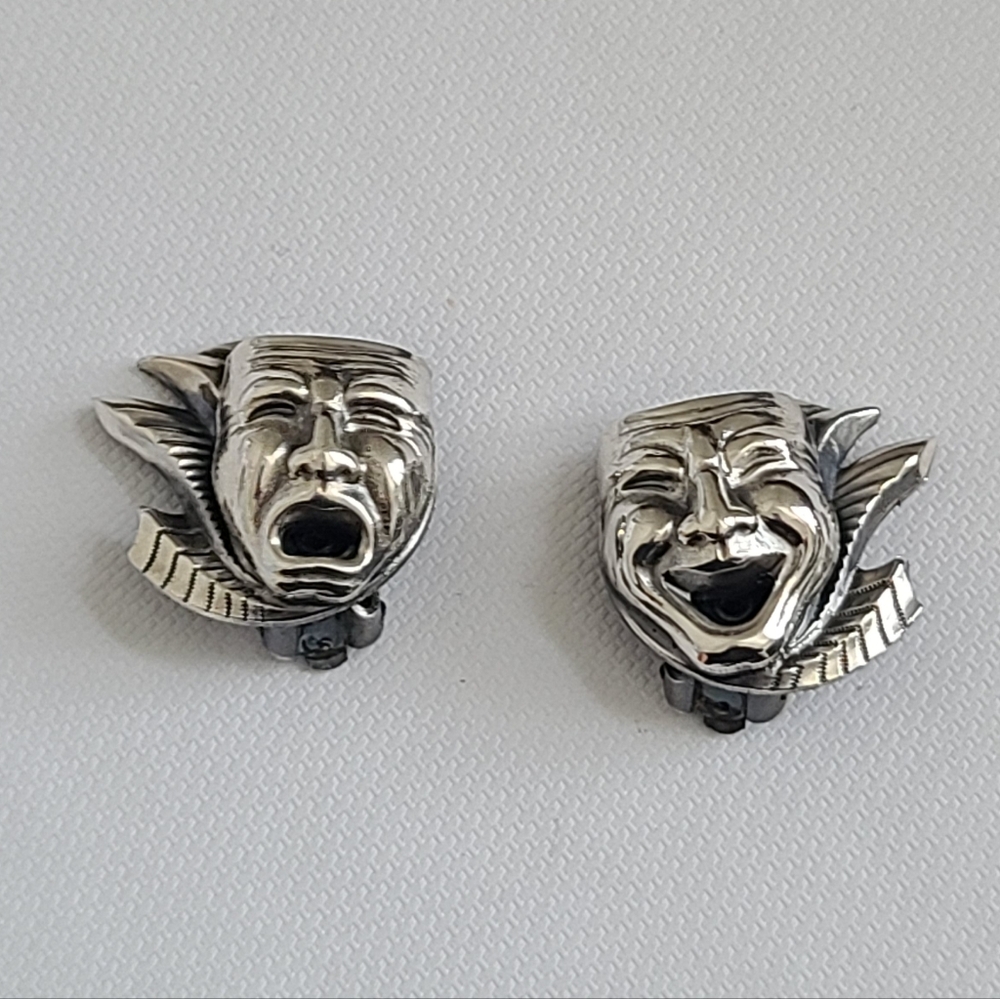 Vintage Native Silver Ethnic Tribal Comedy Tragedy Mask Clip-On Earrings